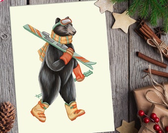 Canadian Black Bear Holiday card, Skiing Black Bear Christmas card