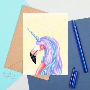 Flamant rose licorne, carte de souhaits