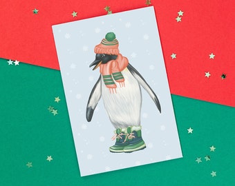 Carte de pingouin en bottes d'hiver, carte d'hiver, carte de noël