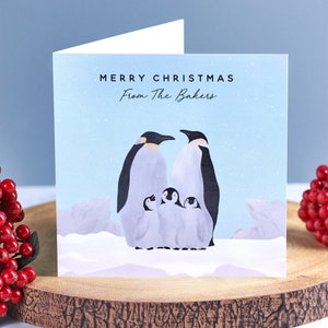 Gepersonaliseerde set van 10 familiekerstkaarten pinguïn