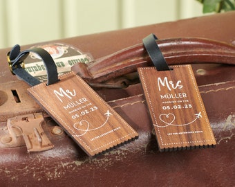 Personalised Walnut Wedding Luggage Tags
