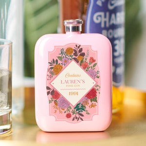 Personalised Floral Gin Hip Flask, Custom Gin Label Inspired Flask, Tactile Stainless Steel Flask, Ready-Made Gift in Presentation Box