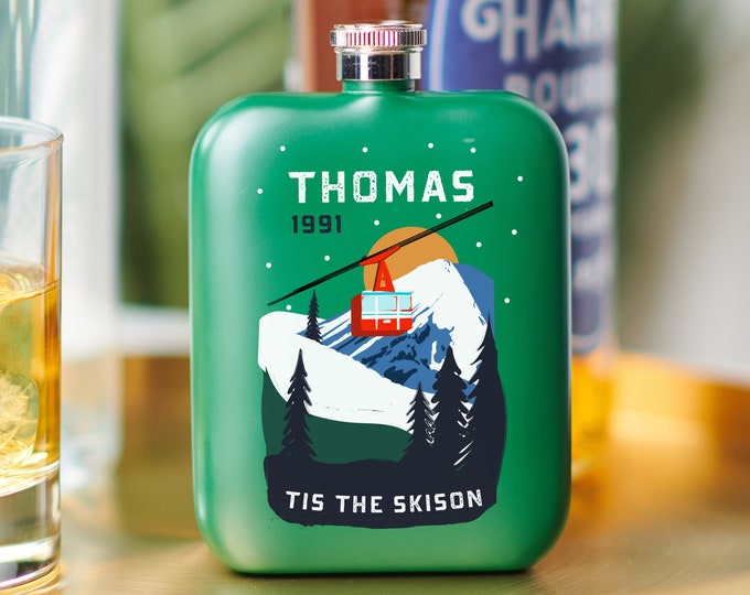 Personalised Christmas Ski Hip Flask, Custom Skiing Whiskey Flask, Engraved Winter Sports Gift, Custom Ski Trip Flask