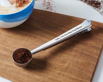 Personalised Coffee Scoop and Clip - Engraved Coffee Measuring Spoon - Custom Coffee Lover's Gift - Coffee Bag Clip