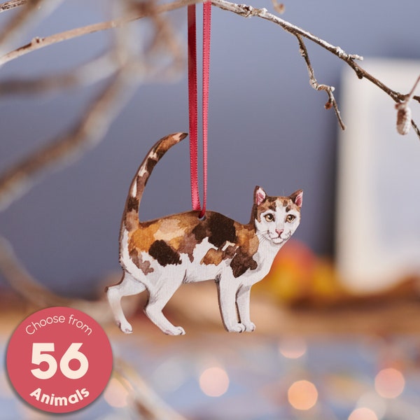 Watercolour Style Wooden Calico Cat Hanging Decoration – Handcrafted Christmas Decoration for Stylish Home Décor, Unique Gift Idea