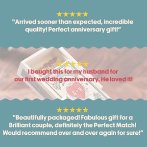 Customer reviews praising the personalised matchbox for its quality and as a perfect wedding gift.