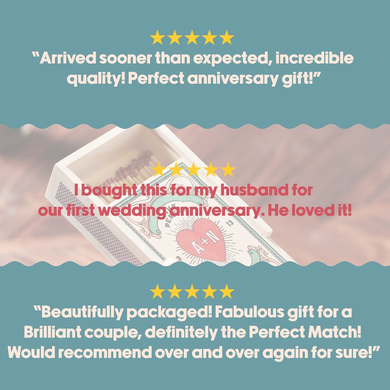 Customer reviews praising the personalised matchbox for its quality and as a perfect wedding gift.