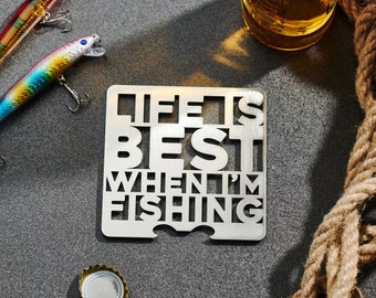 Stainless Steel Fishing Coaster with Integrated Bottle Opener - Perfect For Fathers Day, Fisherman, Step Dad, and Father In Law Gift