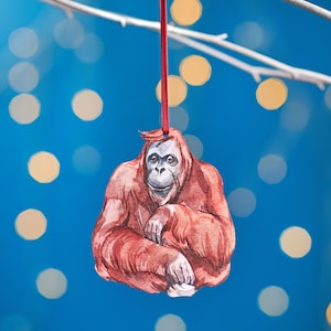 Orangutang Christmas Tree Decoration, Birch Plywood Ornament, Animal Lover Gift, Festive Watercolour Art, Traditional Christmas Keepsake