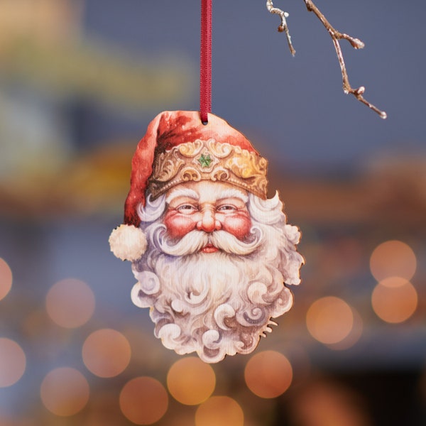 Décoration de fête du père Noël en bois peinte à la main - Décoration de fête des fêtes, artisanat en bois du père Noël, décoration d'arbre de Noël