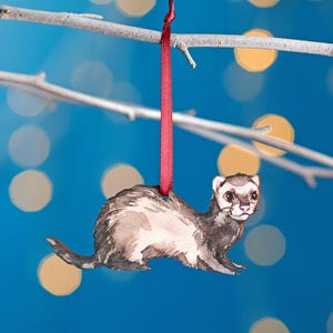Ferret Christmas Tree Decoration, Birch Plywood Ornament, Animal Lover Gift, Festive Watercolour Art, Traditional Christmas Keepsake