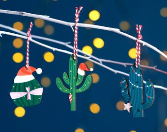 Set Of Three Festive Cactus Decorations