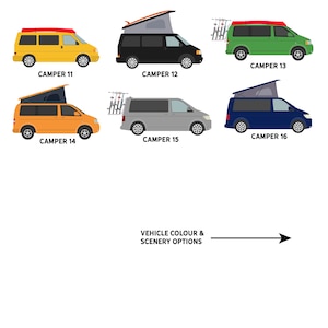 May include: Six different camper vans with various roof top tents and accessories. The vans are yellow, black, green, orange, gray, and blue. The text below each van reads "Camper 11", "Camper 12", "Camper 13", "Camper 14", "Camper 15", and "Camper 16". The text at the bottom of the image reads "Vehicle Colour & Scenery Options".