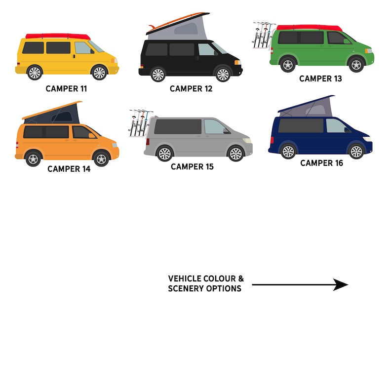 May include: Six different camper vans with various roof top tents and accessories. The vans are yellow, black, green, orange, gray, and blue. The text below each van reads "Camper 11", "Camper 12", "Camper 13", "Camper 14", "Camper 15", and "Camper 16". The text at the bottom of the image reads "Vehicle Colour & Scenery Options".