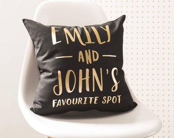 Personalised 'Favourite Spot' Black And Gold Cushion Pillow