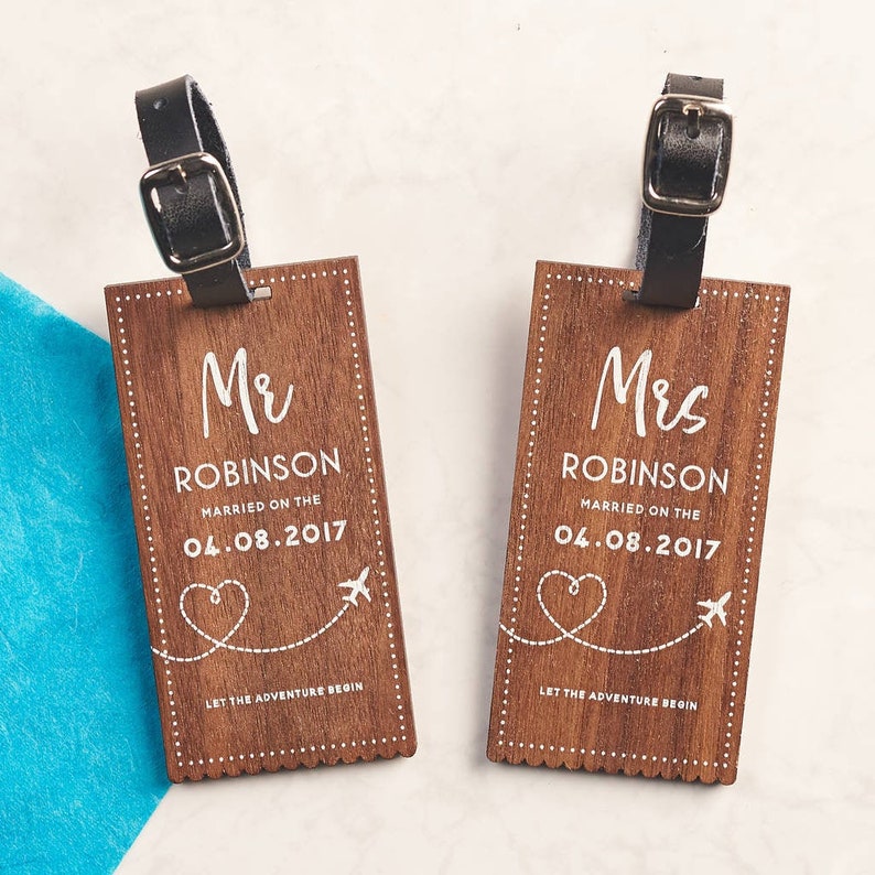 Personalised Walnut Wedding Luggage Tags image 2