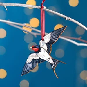 Flying Swallow Christmas Tree Decoration, Birch Plywood Ornament, Animal Lover Gift, Festive Watercolour Art, Traditional Christmas Keepsake