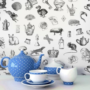 Tea Party Wall Mural Alice in Wonderland Wallpaper Alice Wallpaper Nursery  Decor Children Wallpaper Ref 039 