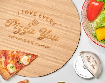 Personalised Couples Pizza Board And Cutter Set