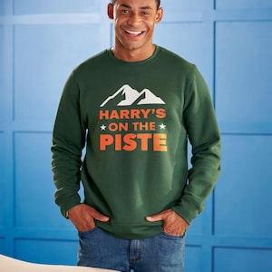 Personalised &#39;On The Piste&#39; Christmas Jumper, Men&#39;s Personalised Xmas Jumper, Ski Jumper, Snowboarding Jumper, Cosy Xmas, Funny Xmas Jumper