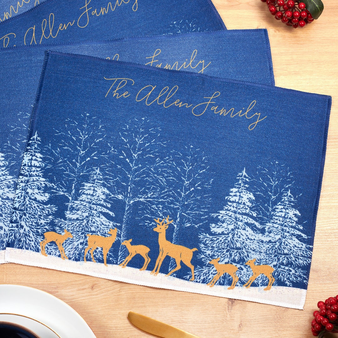 Personalised Family Deer Linen Christmas Placemats, Custom Family Name