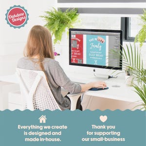 Oakdene Designs in-house studio with a designer working at a computer, plants and branding visible; text reads 'Everything we create is designed and made in-house'.