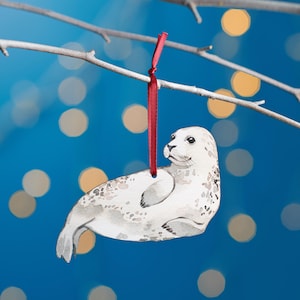 Seal Christmas Tree Decoration, Birch Plywood Ornament, Animal Lover Gift, Festive Watercolour Art, Traditional Christmas Keepsake