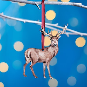 Red Deer Stag Christmas Tree Decoration, Birch Plywood Ornament, Animal Lover Gift, Festive Watercolour Art, Traditional Christmas Keepsake
