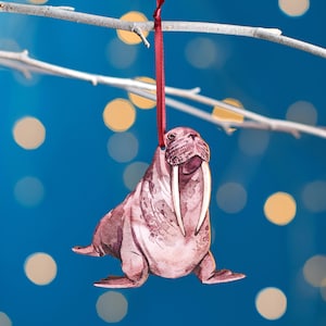 Walrus Christmas Tree Decoration, Birch Plywood Ornament, Animal Lover Gift, Festive Watercolour Art, Traditional Christmas Keepsake