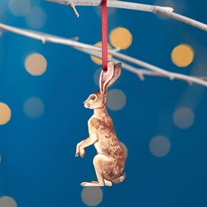 Hare Christmas Tree Decoration, Birch Plywood Ornament, Animal Lover Gift, Festive Watercolour Art, Traditional Christmas Keepsake