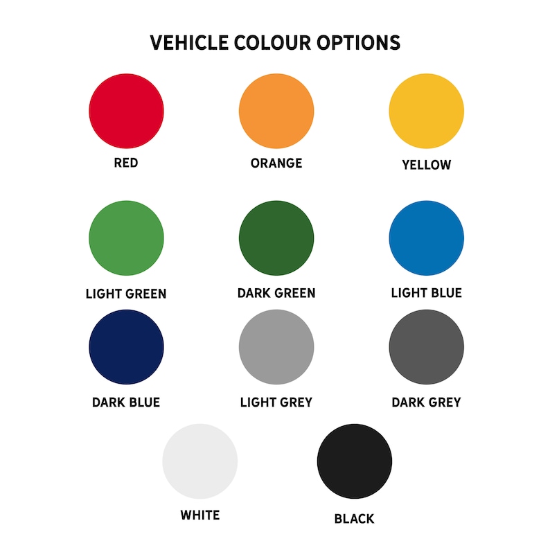 May include: A chart showing vehicle color options. The colors are red, orange, yellow, light green, dark green, light blue, dark blue, light gray, dark gray, white, and black.