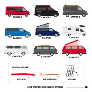 May include: Illustration of ten different camper vans in various colors, including red, blue, black, white, and gray. The vans are shown with different features, such as a pop-up roof, a surfboard on the roof, and a kayak on the roof. The image also includes text that says "Optional Add Ons" and shows icons for adding a kayak, surfboard, and bikes to the vans.