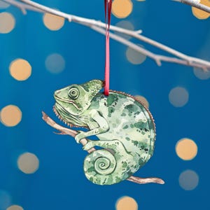 Chameleon Christmas Tree Decoration, Birch Plywood Ornament, Animal Lover Gift, Festive Watercolour Art, Traditional Christmas Keepsake