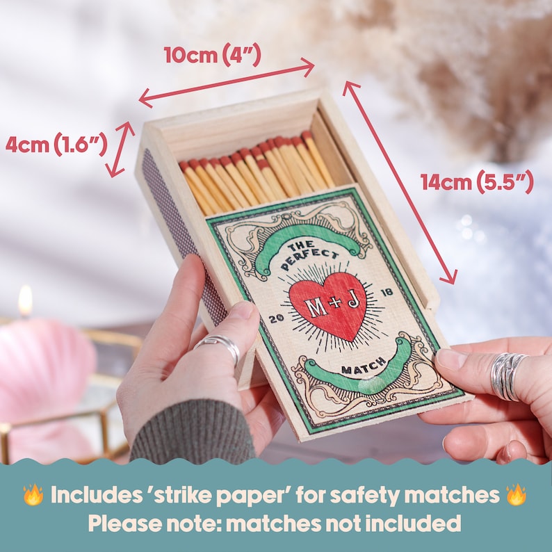 Matchbox dimensions: 14cm x 10cm x 4cm (5.5" x 4" x 1.6"). Includes strike paper for safety matches. Matches not included.