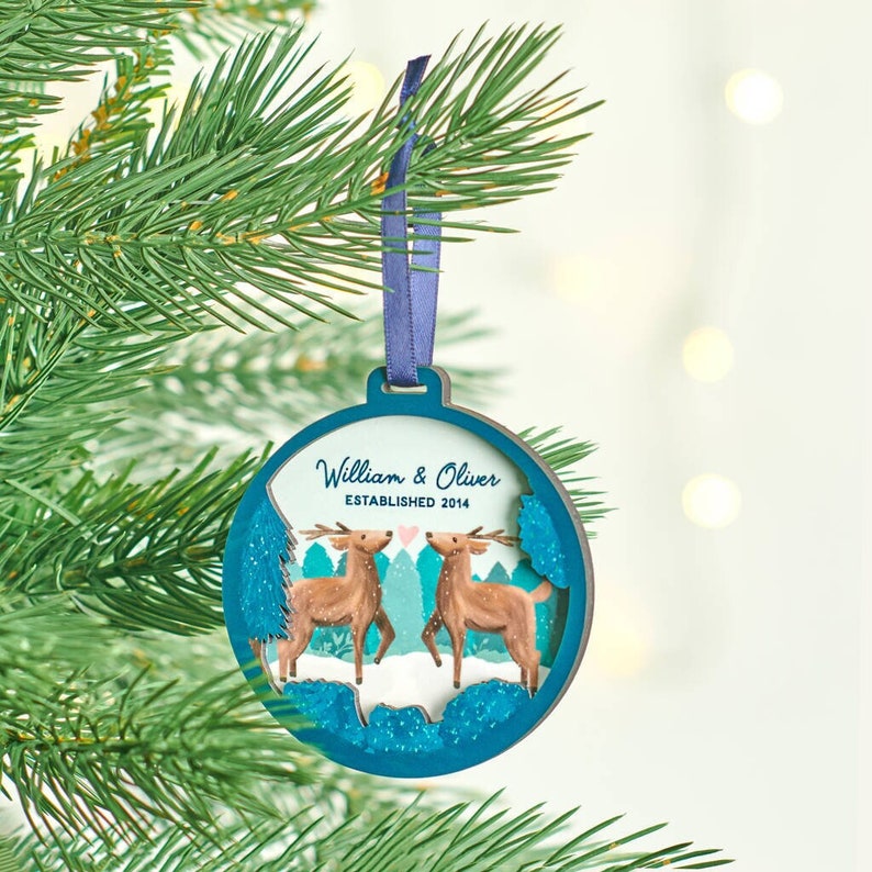 Personalised Couples Deer Layered Christmas Decoration image 1