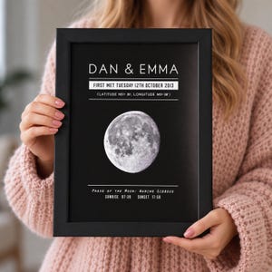 Puede incluir: Un marco negro con una impresión que muestra los nombres DAN & EMMA, la fecha TUESDAY 12TH OCTOBER 2013, coordenadas, una imagen lunar detallada y el texto PHASE OF THE MOON: WANING GIBBOUS, SUNRISE 07:39, SUNSET 17:50 sobre fondo negro.