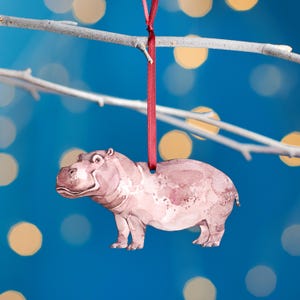Hippopotamus Christmas Tree Decoration, Birch Plywood Ornament, Animal Lover Gift, Festive Watercolour Art, Traditional Christmas Keepsake