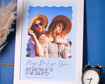 Impresión personalizada de fotos de viaje con la ubicación, arte mural con coordenadas de vacaciones personalizadas, imagen de recuerdo de viaje a medida, impresión de aventura personalizada