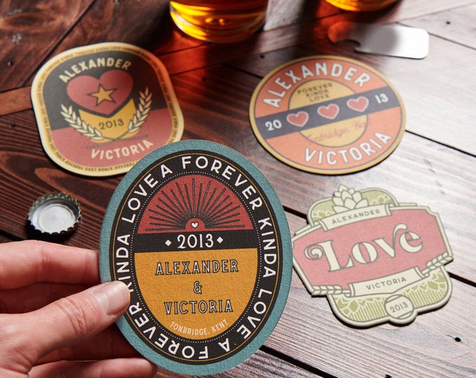 Set Of Four Personalised Couples Retro Style Beer Mats