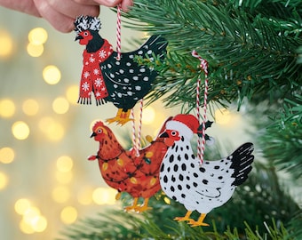 Set of Three Festive Chicken Christmas Tree Decorations