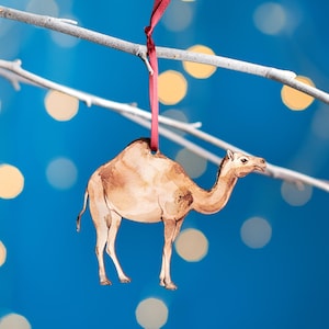 Camel Christmas Tree Decoration, Birch Plywood Ornament, Animal Lover Gift, Festive Watercolour Art, Traditional Christmas Keepsake