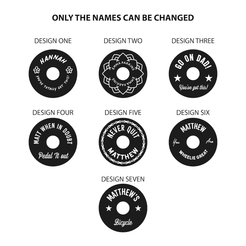 Personalised black aluminium bike headset cap design choices labelled one to seven, including names, cycling messages, stars, flowers and a bicycle chain border. Only names can be changed.