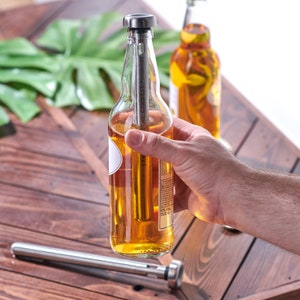 Pode incluir: Um refrigerador de garrafas de a&ccedil;o inoxid&aacute;vel com o texto "The Coolest" inserido em uma garrafa de cerveja de vidro transparente. A garrafa est&aacute; etiquetada com "6% Vol. 500 ml."