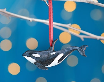Killer Whale Christmas Tree Decoration, Birch Plywood Ornament, Animal Lover Gift, Festive Watercolour Art, Traditional Christmas Keepsake