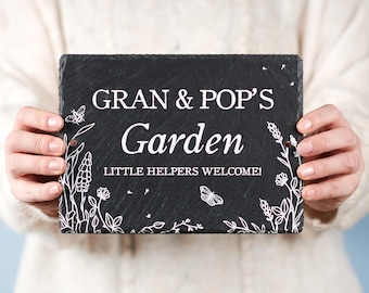 Personalisierte Großeltern-Garten-Schiefer-Zeichen, individuelles Geschenk für Kindermädchen, Opa, Gartenliebhaber-Plakette, natürliches Schiefer-Dekor im Freien