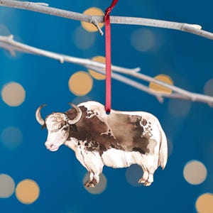 Yak Christmas Tree Decoration, Birch Plywood Ornament, Animal Lover Gift, Festive Watercolour Art, Traditional Christmas Keepsake