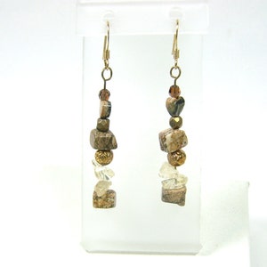 Destash Earrings, Picture Jasper Heart and Chips, Citrine, Gold Rose, Topaz Swarovski Crystal, Bronze Beads on Gold