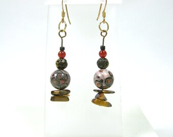 Destash Earrings, Leopardskin Jasper, Carnelian, Tigers Eye, Brown, Bronze, Dark Orange on Gold