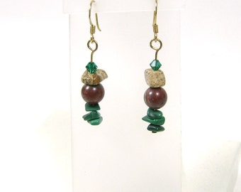 Destash Earrings, Malachite, Fancy Jasper, Picture Jasper, Swarovski Crystal, Brown, Green, Tan on Gold