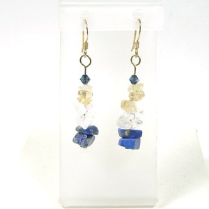 Destash Earrings, Lapis Lazuli, Citrine, Clear Quartz, Indigo Swarovski Crystals, Denim Blue, Pale Yellow on Gold